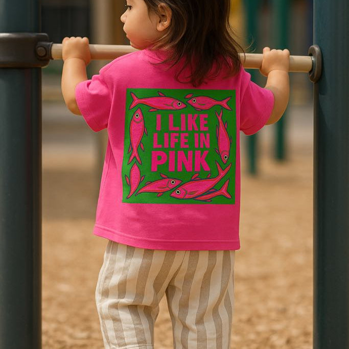 T-shirt enfant oversize – “I LIKE LIFE IN PINK” – Rose fuchsia