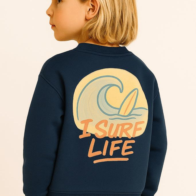 Sweat enfant – Bleu marine – “I SURF LIFE” 🏄‍♂️