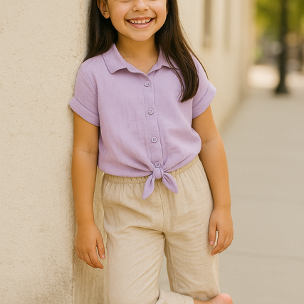 Chemise nouée fille – Coton gaufré – Couleur Lilas 🪻